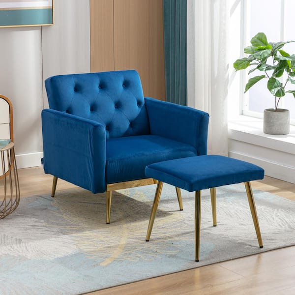 HOMEFUN Modern Navy Blue Velvet Adjustable Accent Chair with Ottoman Convertible Recliner Chaise Lounge Chair and Ottoman Set