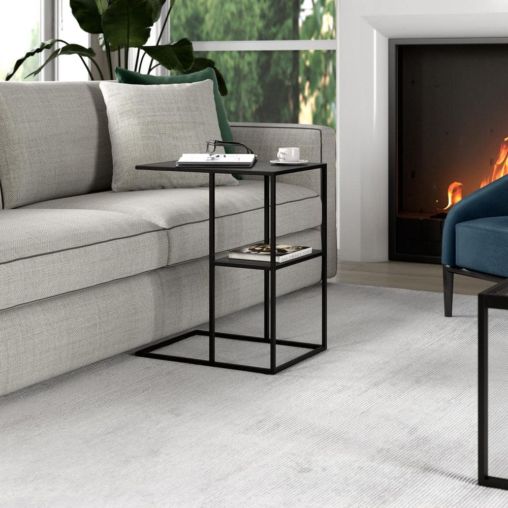 Modern Gunmetal Gray Metal C-Shaped Side Table with Staggered Shelves