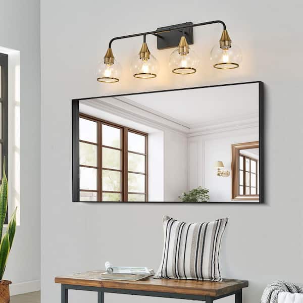 31 in. 4-Light Black Vanity Light with Gold Light Fixture and Clear Glass Shade
