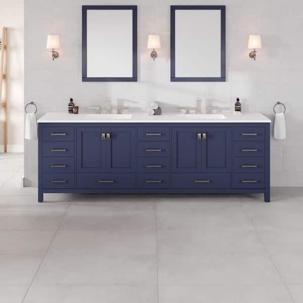Aberdeen 96 in. Double Sink Blue Bath Vanity with White Carrara Quartz Top (Assembled)