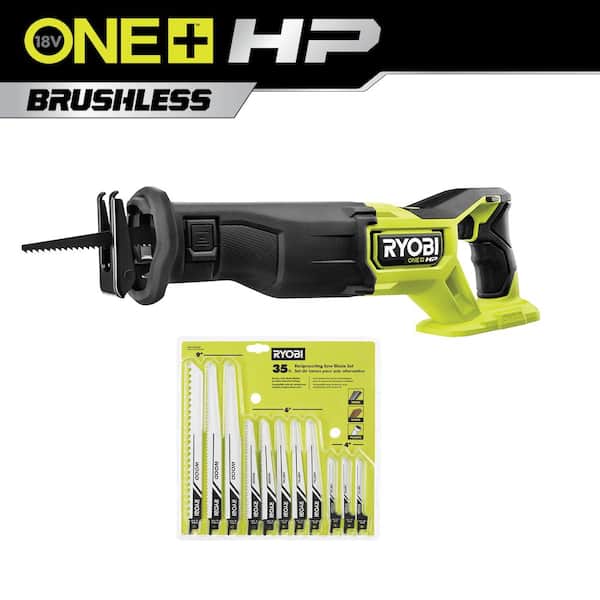 RYOBI ONE+ HP 18V Brushless Cordless Reciprocating Saw (Tool Only) with Multi-Purpose Reciprocating Saw Blade Set (35-Piece)