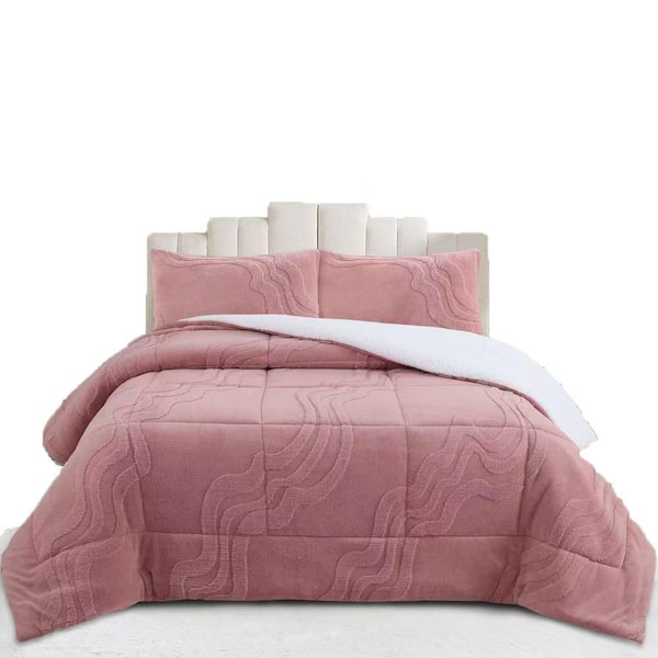 MEW 3-Pieces Pink Wave Jacquard Queen Size Polyester Sherpa Comforter Set