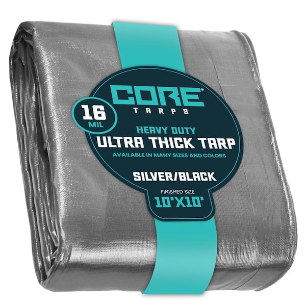 CORE TARPS 10 ft. x 10 ft. Silver/Black 16 Mil Heavy Duty Polyethylene Tarp, Waterproof, UV Resistant, Rip and Tear Proof