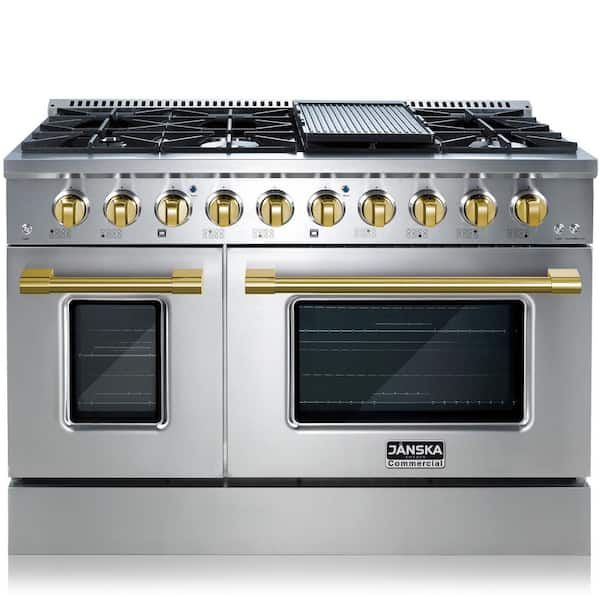 JANSKA Professional 48 in. 6.7 cu. ft. 8-Burners Double Oven Gas Range w/ Griddle in Stainless Steel with Gold Knobs and Handle