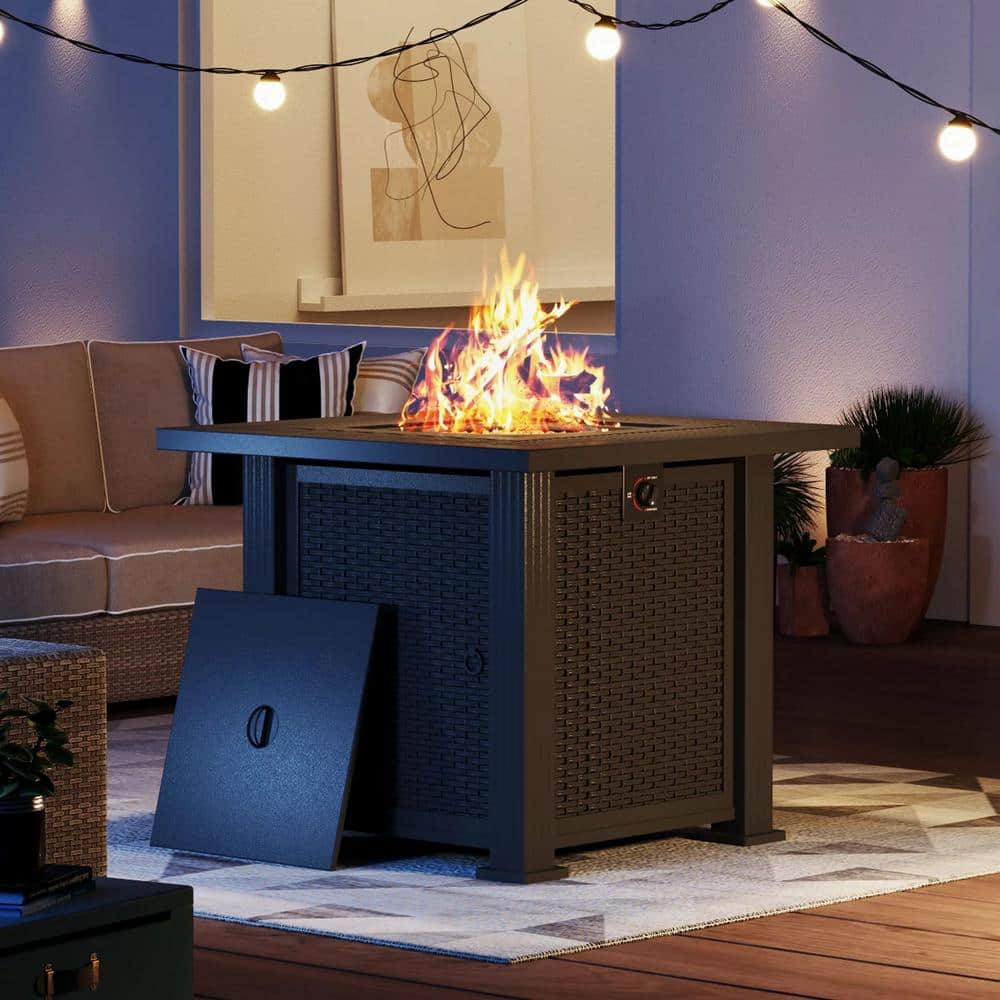 Black 28'' Galvanized Steel and Polyrattan Propane Fire Pit Table