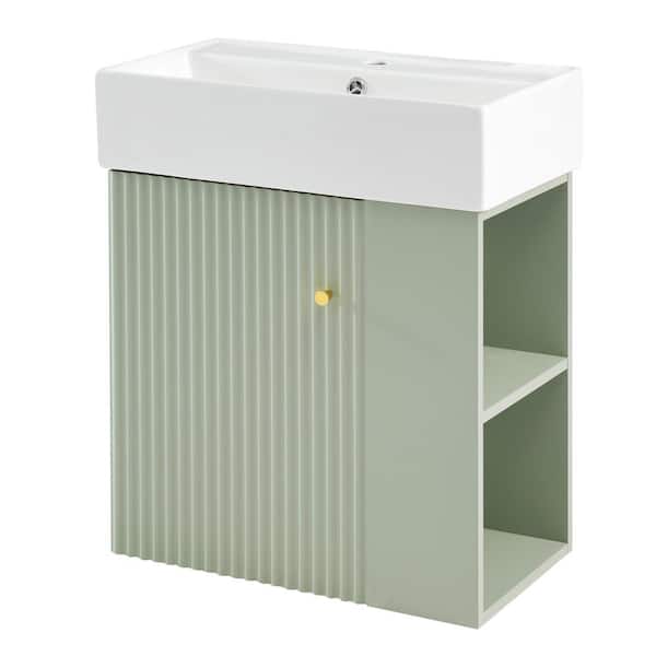 Unbranded 22 in. H Single Sink Floating Bath Vanity in Green with White Ceramic Basin Top and Right side storage