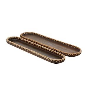 Dark Brown Handmade Wood Nesting Decorative Tray with Hand Sewn Seagrass Accents (Set of 2)