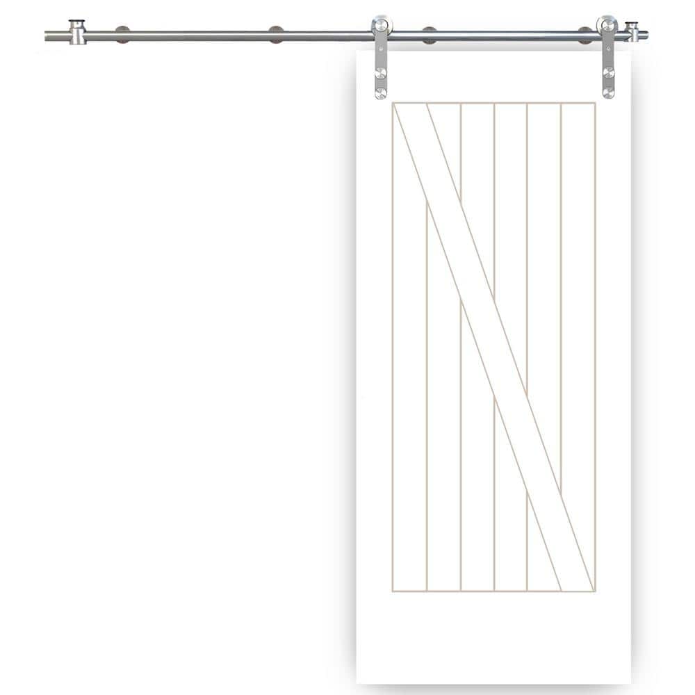 Pacific Entries 36 in. x 84 in. Cottage Z-Plank Unfinished Prime Pine Interior Sliding Barn Door with Round Stainless Hardware Kit, White prime -  P3150-3684-20
