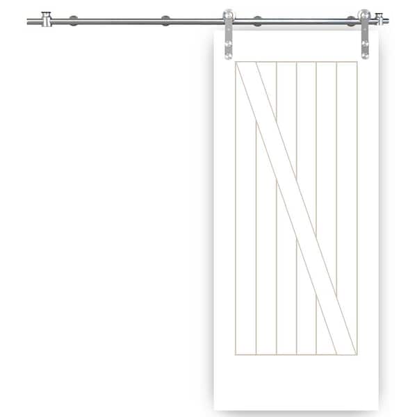 Pacific Entries 36 in. x 84 in. Cottage Z-Plank Unfinished Prime Pine Interior Sliding Barn Door with Round Stainless Hardware Kit