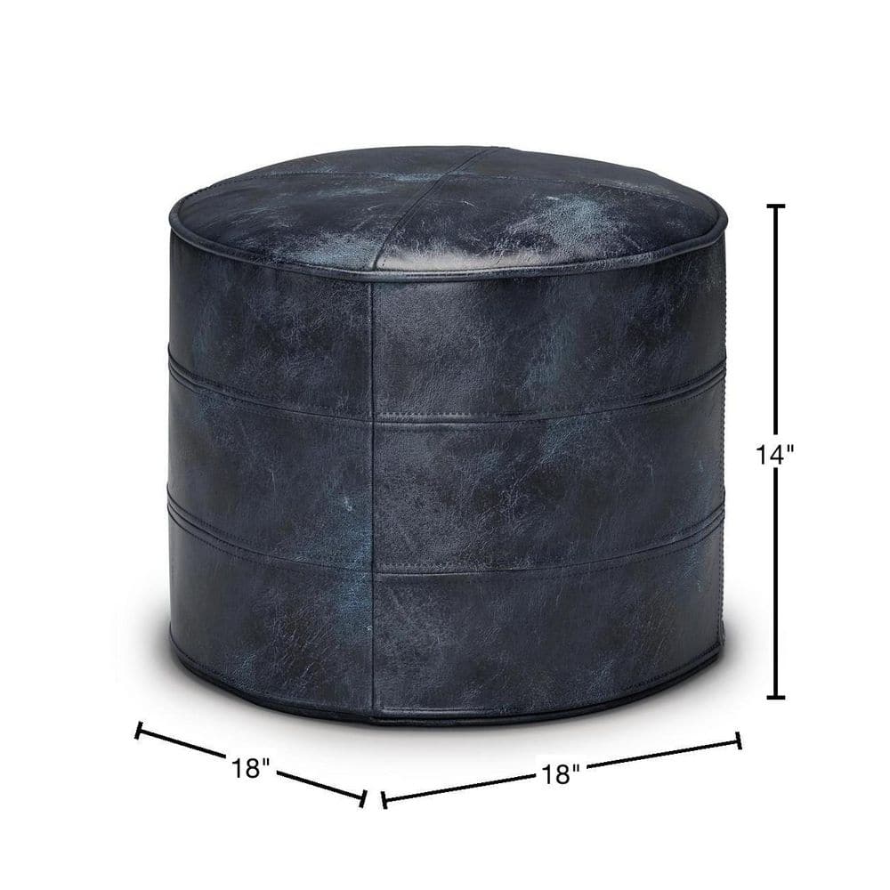 Connor Distressed Navy Blue Genuine Leather Round Pouf