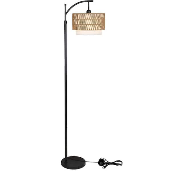 Avex 65 in. Brown+Black Farmhouse 1-Light Smart Dimmable Standard Floor Lamp with Rattan and Fabric Double Drum Shade