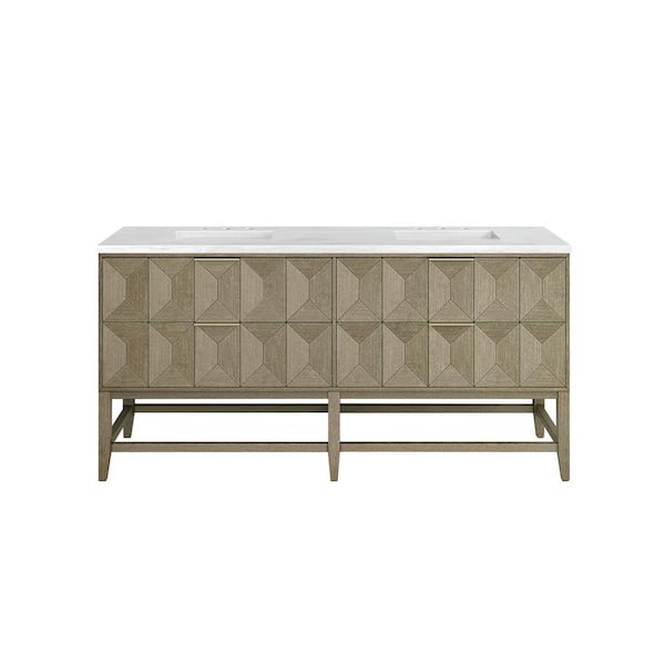 James Martin Vanities Emmeline 72.0 in. W x 23.5 in. D x 37.2 in. H Double Bathroom Vanity in Pebble Oak with Arctic Fall Solid Surface Top