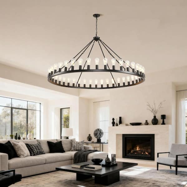 42-Light Black Wagon Wheel Chandelier, 64 in. Adjustable Pendant Light for Dining Room and Living Room(No Bulbs)