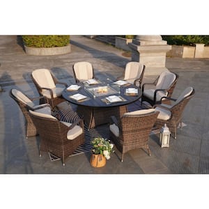 Copper Coins Brown 9-Piece Wicker Round Outdoor Dining Firepit Table Set with Aluminum Table Top and Beige Cushions