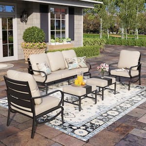Black 5-Piece Metal Slatted 7-Seat Outdoor Patio Conversation Set with Beige Cushions and 2 Ottomans