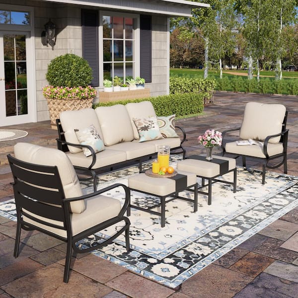 PHI VILLA Black 5-Piece Metal Slatted 7-Seat Outdoor Patio Conversation Set with Beige Cushions and 2 Ottomans