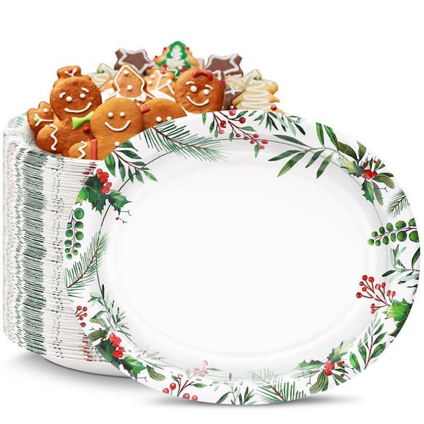 Christmas Flower BPA Free Water-Resistant Paper Plates, Heavy Duty Paper, for Xmas Holiday Supplies Decor, Set of 50