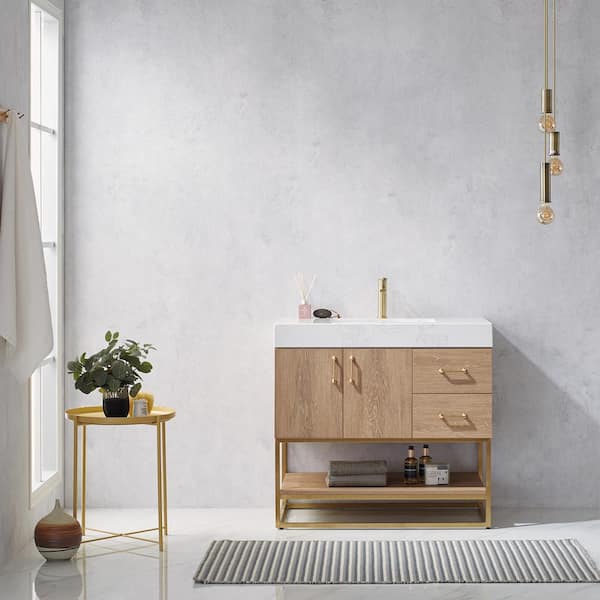 ROSWELL Alistair 36 in. Bath Vanity in North American Oak with Grain Stone Top in White with White Basin