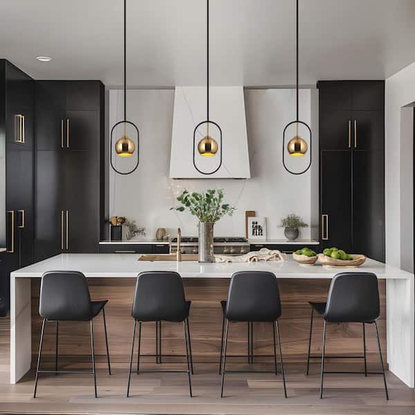Zevni 1-Light Black Kitchen Island Globe Pendant Light, Brass