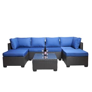 7-Piece PE Wicker Outdoor Sectional Set with Navy Cushions, Coffee Table, Ant-UV Patio Couch Set for 1000 Hours