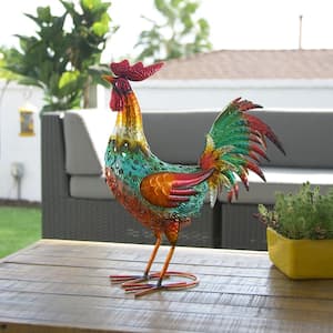 16 in. Tall Outdoor Metallic Rooster Standing Yard Statue Decoration, Red