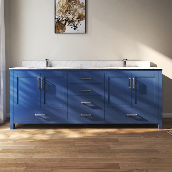 Aeterna 84 in. W x 22 in. D x 34 in. H Double Sinks Freestanding Bath Vanity in Blue with Cultured Marble Top