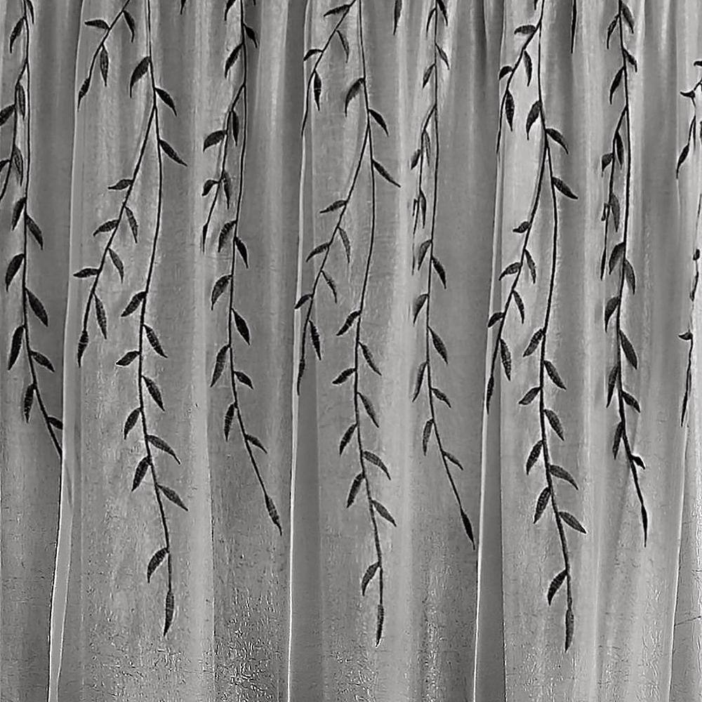 Gray Polyester Embroidered Sheer Rod Pocket Drapes