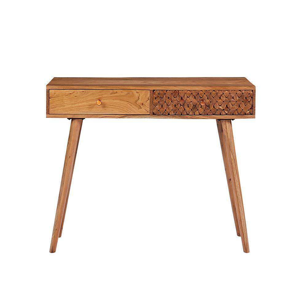 Natural Brown Acacia Wood Rectangular Console Table with Storage