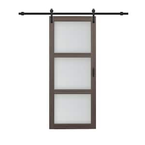 36in. x 84in. 3-Lites Pre Assembled Frosted Glass Ironage Gray MDF Interior Sliding Barn Door w/Hardware Kit,Door Handle