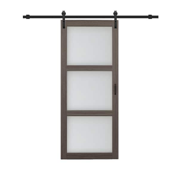 CALHOME 36in. x 84in. 3-Lites Pre Assembled Frosted Glass Ironage Gray MDF Interior Sliding Barn Door w/Hardware Kit,Door Handle