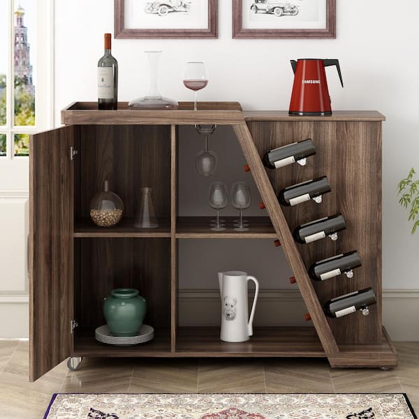 Polibi Brown Kitchen Island Cart on Wheels with Adjustable Shelf and 5-Wine Holders