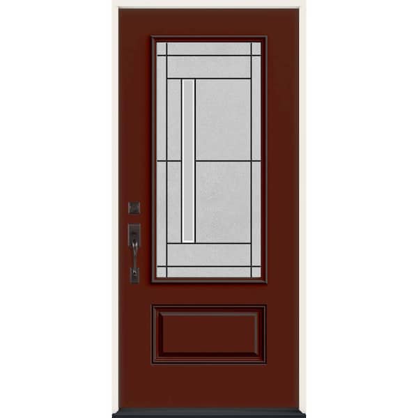 JELD-WEN 36 in. x 80 in. Right-Hand 3/4 Lite Decorative Glass Atherton Black Cherry Fiberglass Prehung Front Door