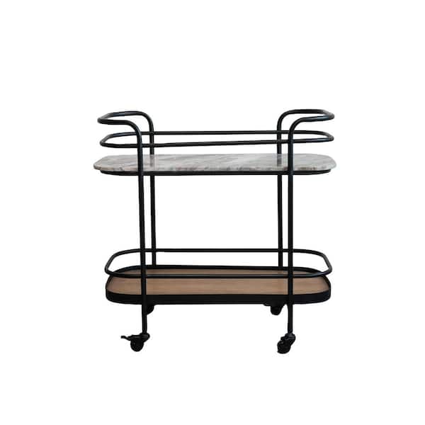 Black and Natural 2-Tier Bar Cart on Caster Wheels