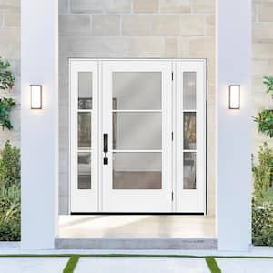 Legacy 64 in. x 80 in. Icon 3 Lite Modern Clear Glass LHOS Primed Fiberglass Prehung Front Door w/ Dbl 12 in. SL