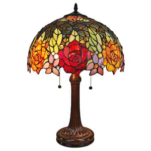 23 in. Tiffany Style Red Yellow Rose Floral Banker Table Lamp
