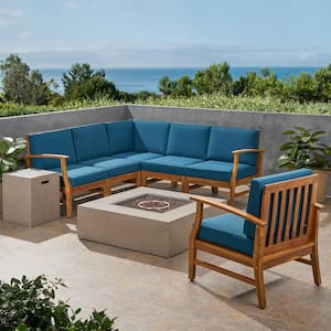 Illona Teak Brown 8-Piece Wood Patio Fire Pit Sectional Seating Set with Blue Cushions