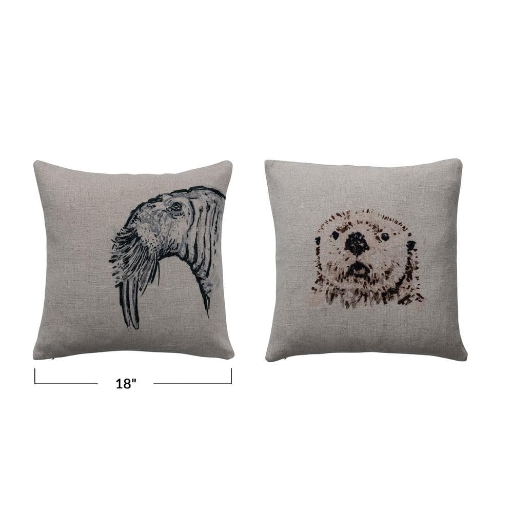 18" Square Cream Linen Animal Embroidered Throw Pillow Set