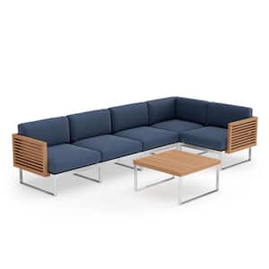 Monterey 5 Seater 6 Piece Stainless Steel Teak Outdoor Outdoor Sectional Set with Spectrum Indigo Cushions