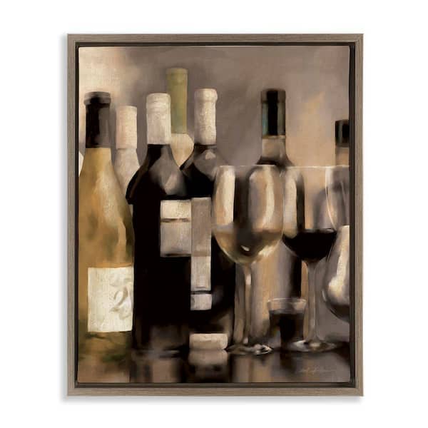 Stupell Industries Wine Bottles on Bar by Carol Robinson Brown Floater Frame Food Graphic Art Print 31 in. x 25 in.