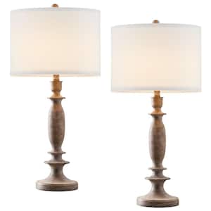 29 in. Wood Farmhouse Table Lamp with White Linen Shade, 9.5-Watt LED Bulbs Included (Set of 2)