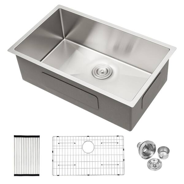33 in. Undermount Single Bowl 16 Gauge Brushed Nickel Stainless Steel Kitchen Sink with Drain