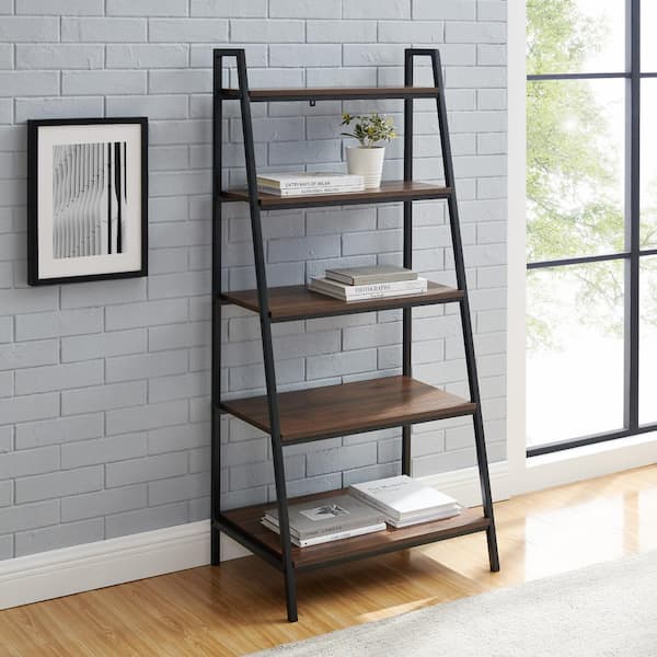 Metal 5 Shelf Ladder Bookcase Hd9094, Dark Walnut Ladder Bookcase