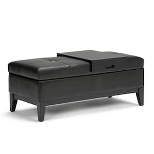 Oregon 42 in. Wide Contemporary Rectangle Storage Ottoman Bench with Tray in Midnight Black Faux Leather