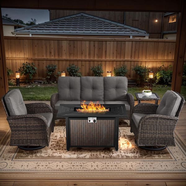 Brown 5-Piece Wicker Patio Fire Pit Set, Outdoor Sofa Seating Set with Olefin Gray Cushions and Swivel Rockers