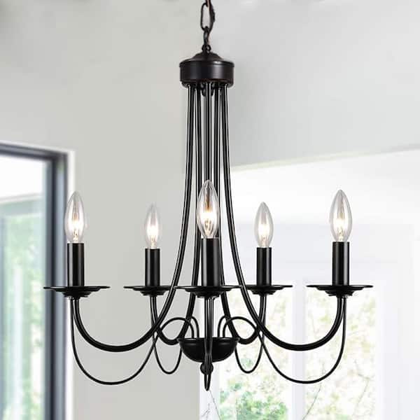 Sefinn Four Black Farmhouse 5-Light Metal Candle Chandelier, Pendant Light Fixture for Living Room, Kitchen Island No Bulbs Included