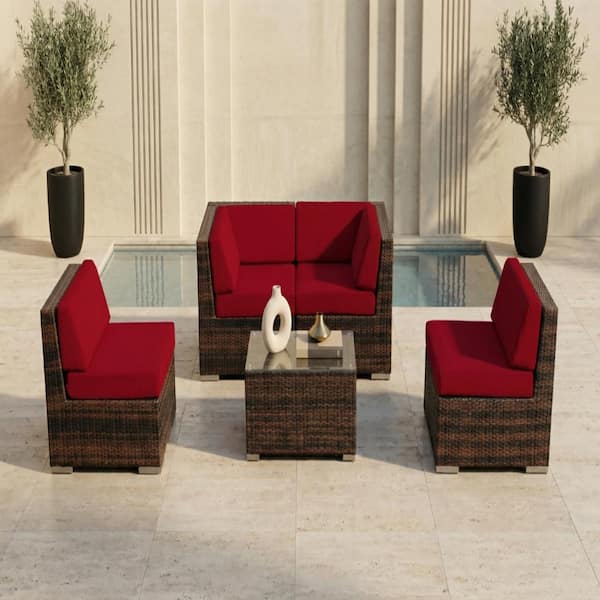 Ohana Mixed Brown 5-Piece Wicker Patio Seating Set with Sunbrella Jockey Red Cushions