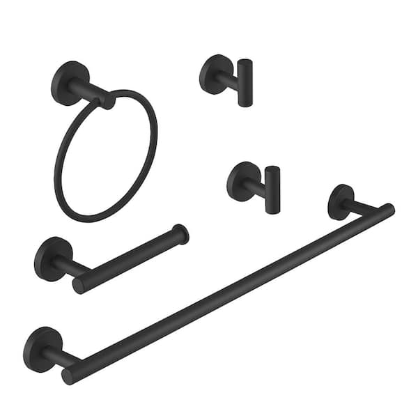 ehablix Bathroom Hardware Set 5-Piece Bath Hardware Set with Towel Bar, Towel Ring, Robe Hook, Toilet Paper Holder in Black
