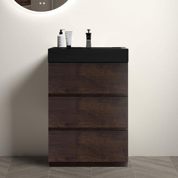 Dimakai 24 in. Single Sink Freestanding Rose Wood Bath Vanity with Black solid surface Top Unassembled without Drain and Faucet