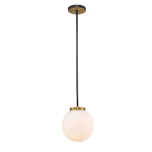 1-Light Matte Black and Olde Brass Pendant with Opal Glass Shade
