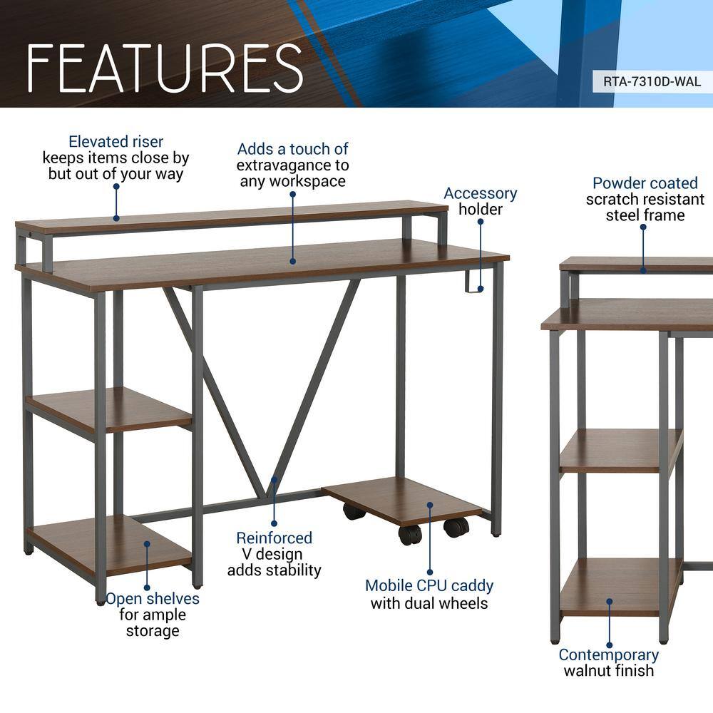 Modern Industrial Walnut Writing Desk with Steel Frame and CPU Caddy